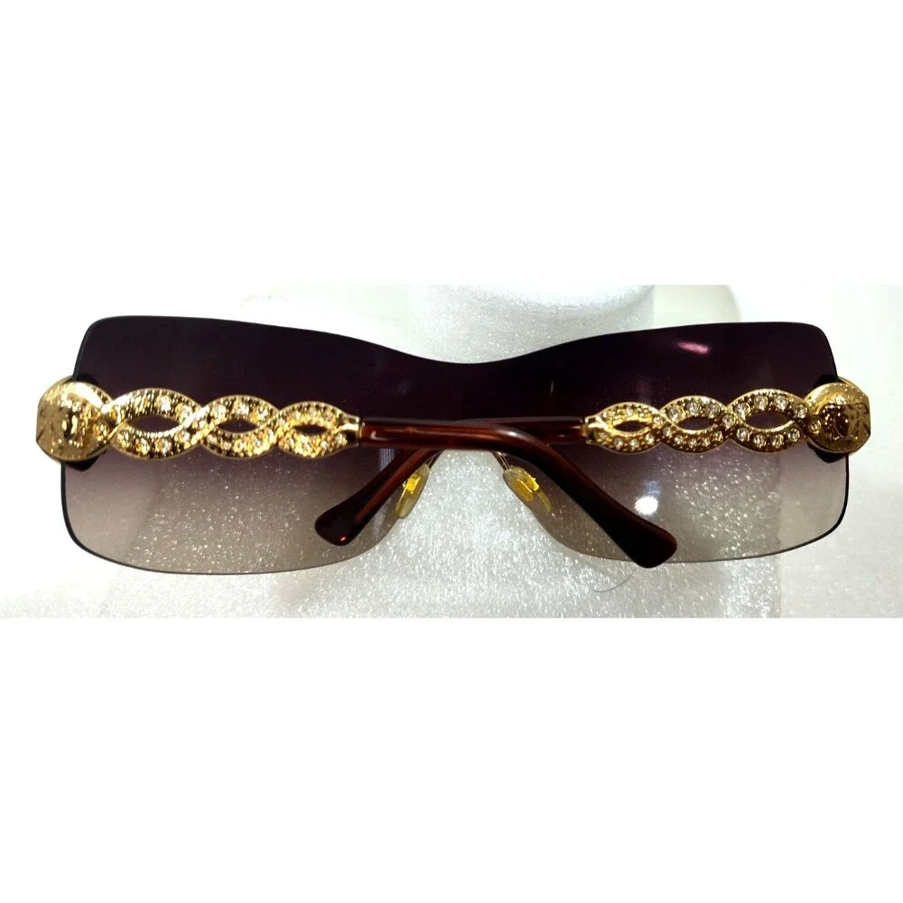 Vintage Y2K Versace 2043-B  Brown Rhinestone Rimless Shield Sunglasses Scratched